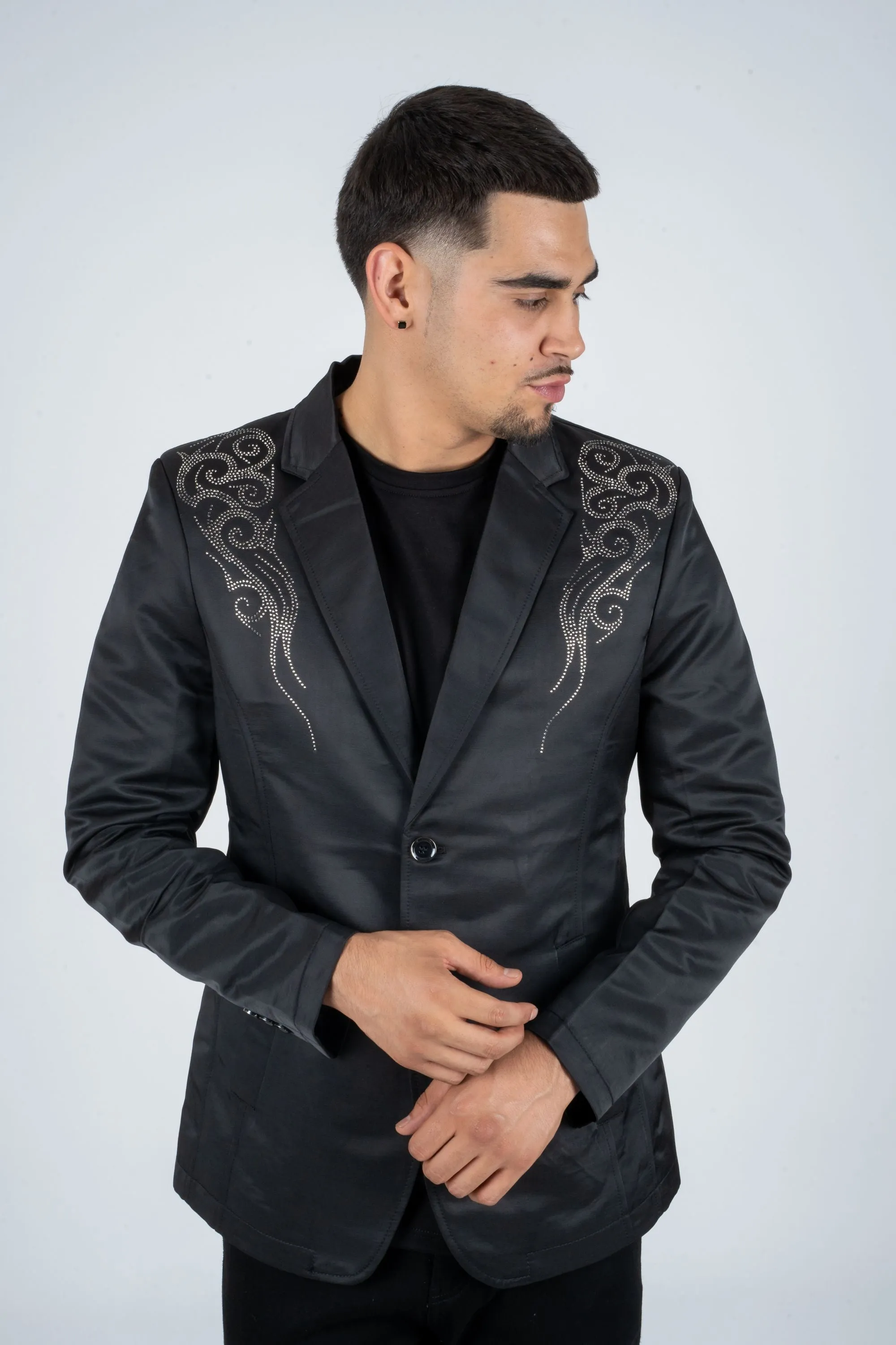 Men's Double Button Rhinestone Black Blazer