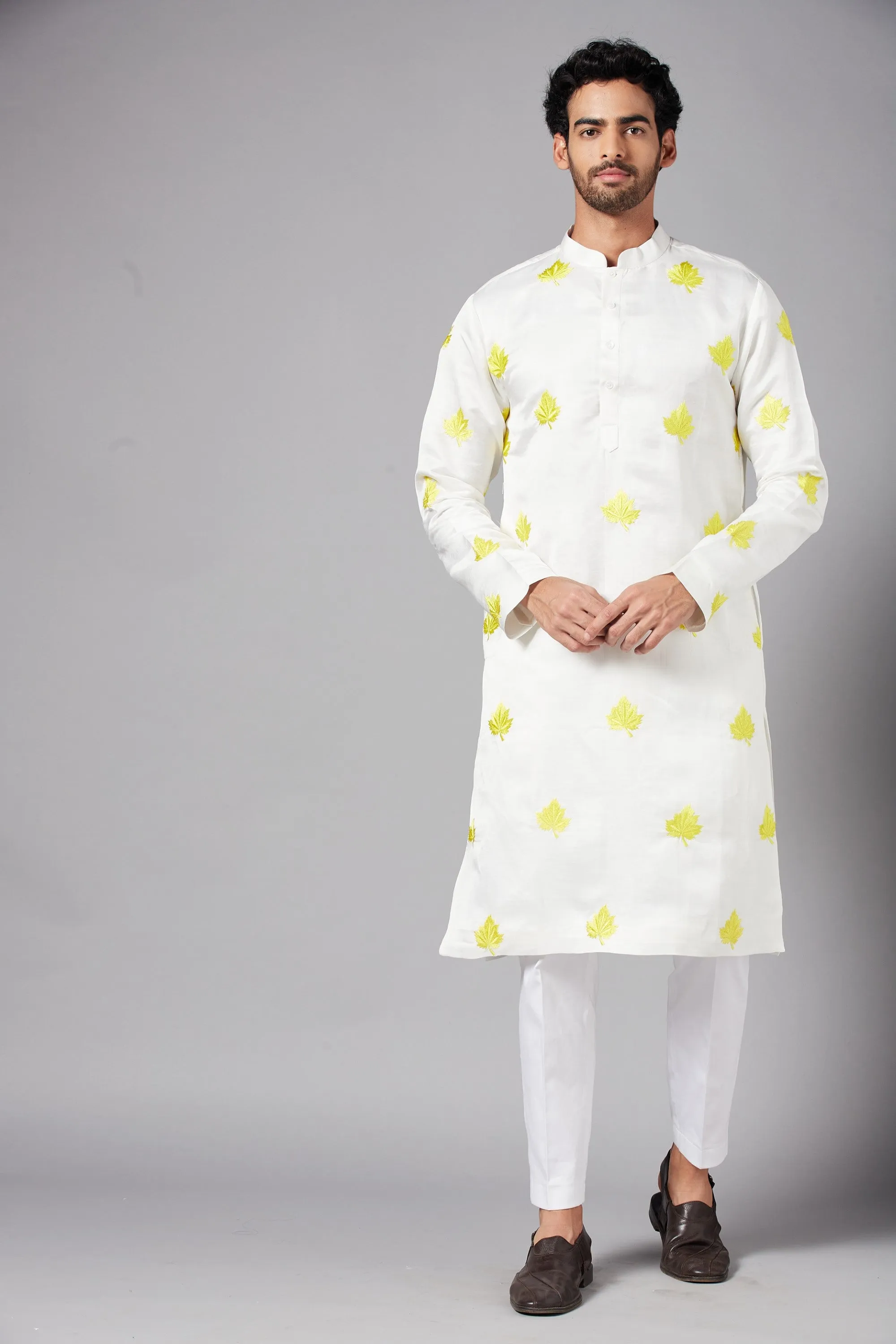 Men's Mogra Yellow Leaf Embroidered Kurta With Crop Pants - Hilo Design