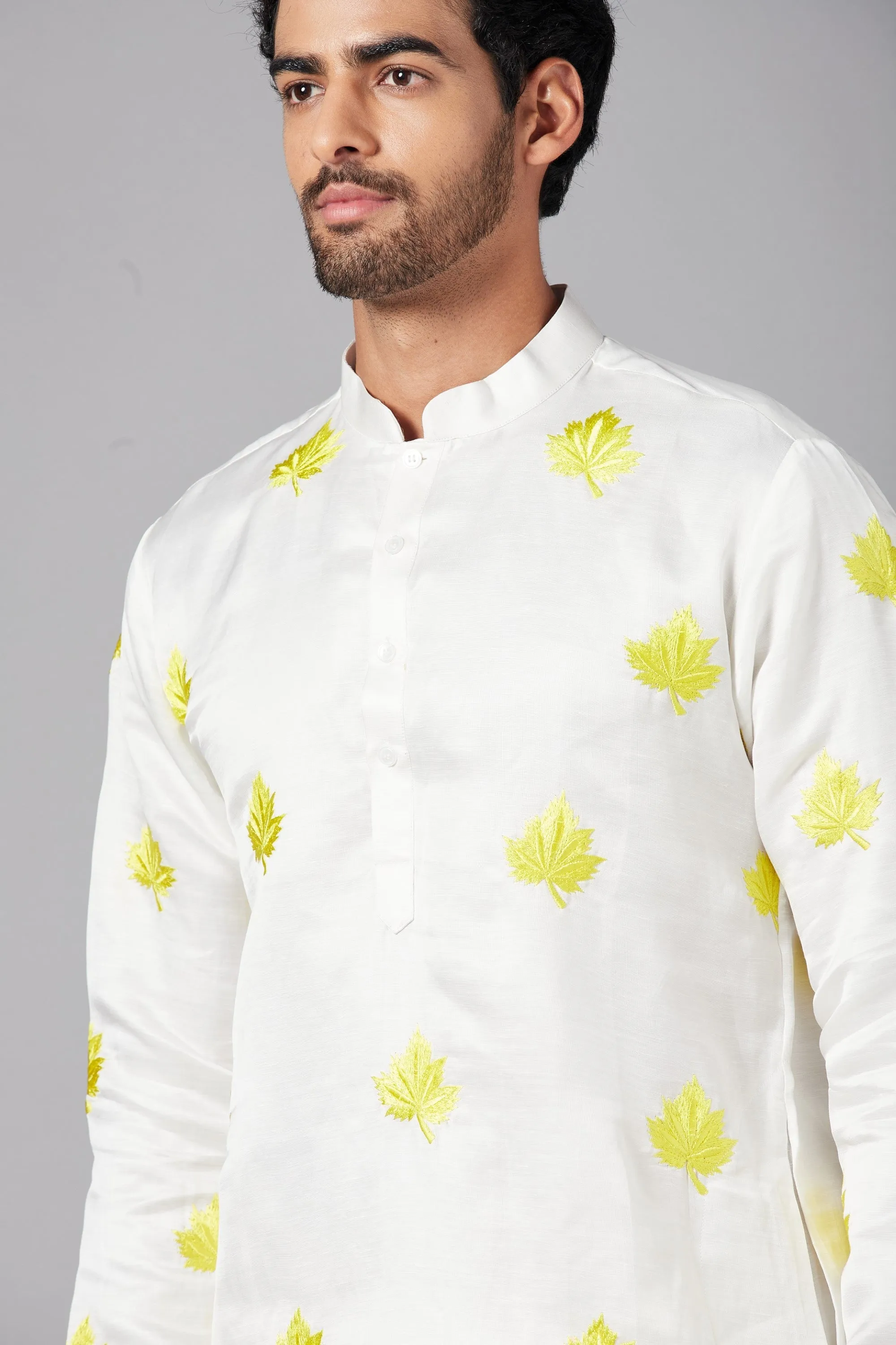 Men's Mogra Yellow Leaf Embroidered Kurta With Crop Pants - Hilo Design