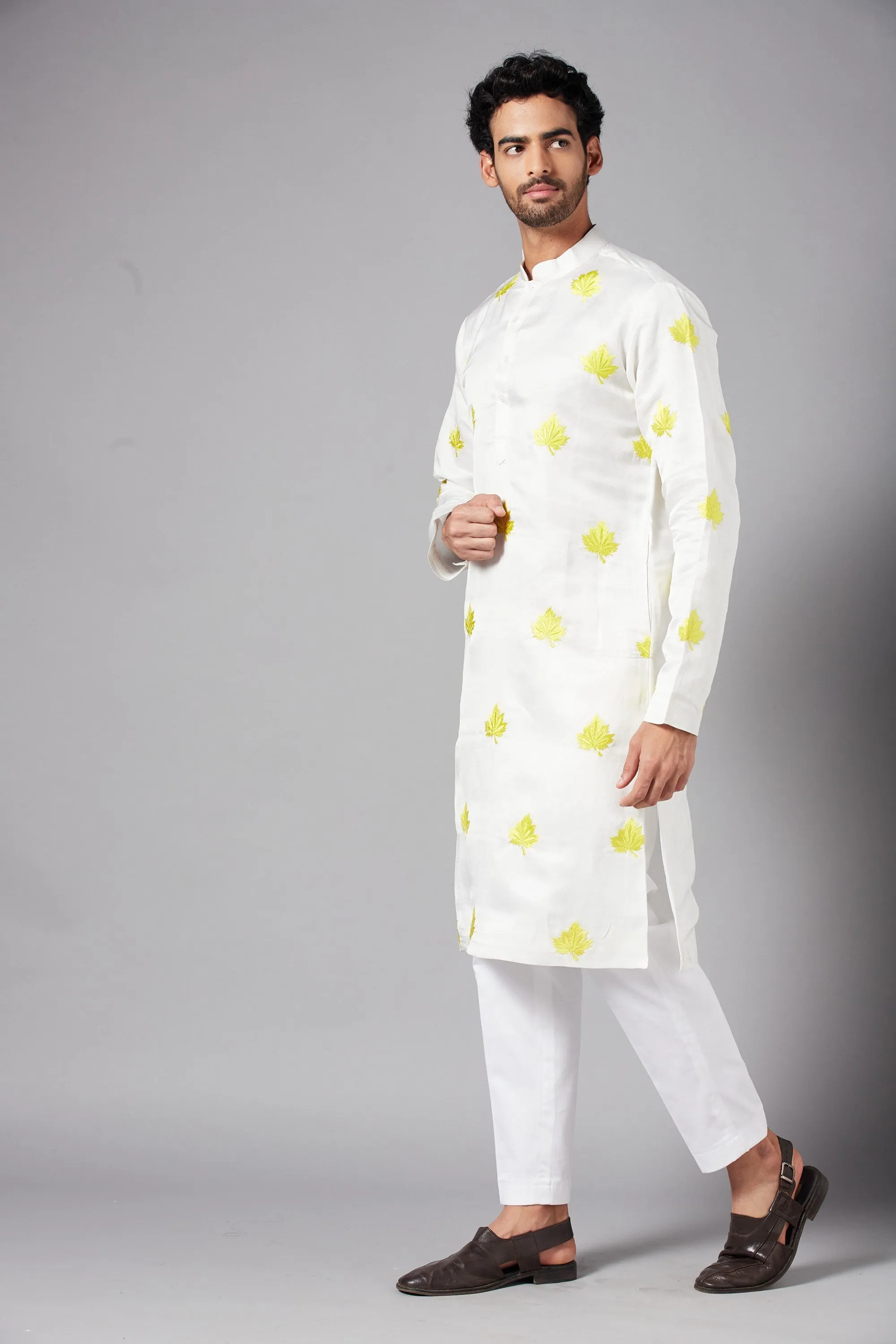 Men's Mogra Yellow Leaf Embroidered Kurta With Crop Pants - Hilo Design