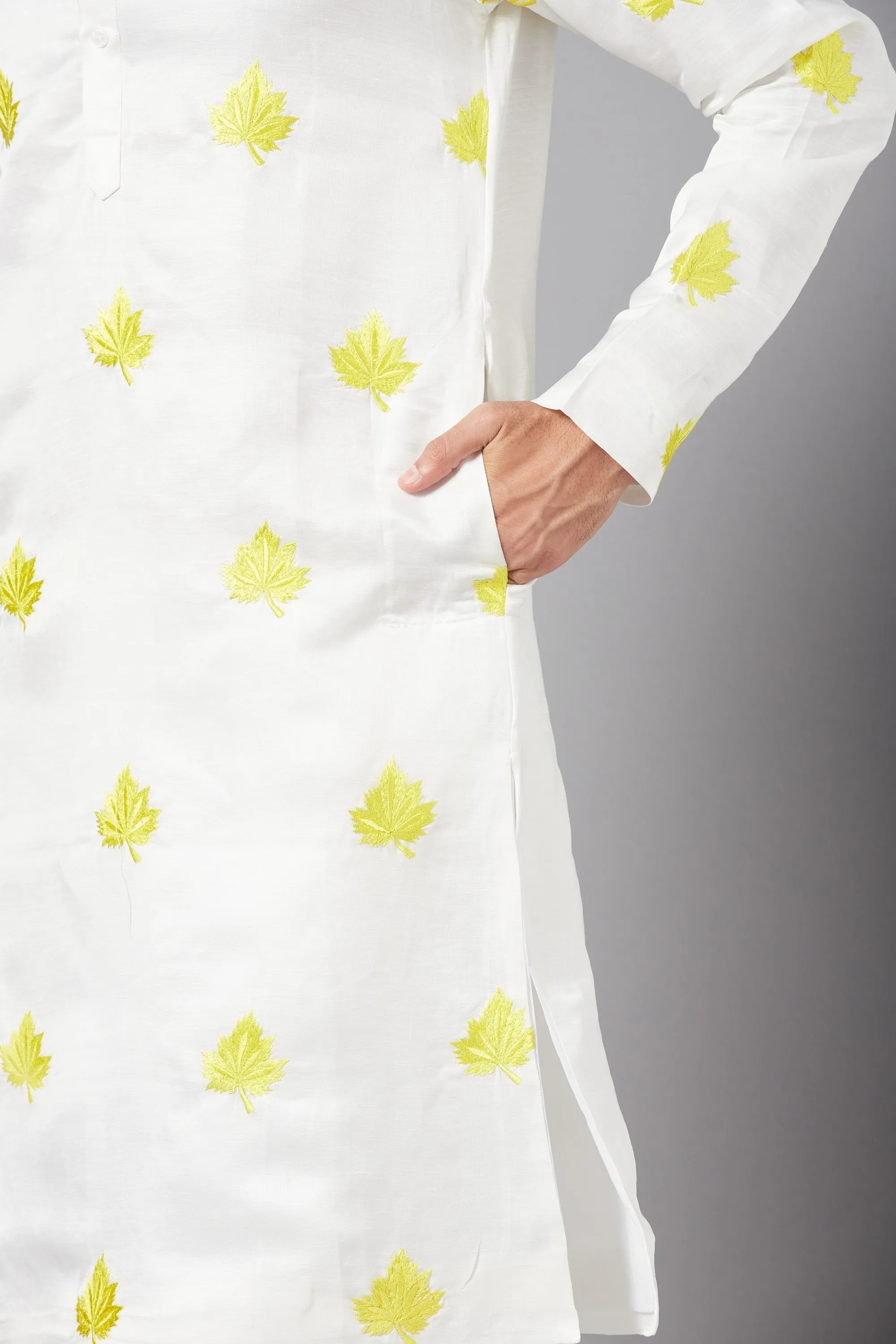 Men's Mogra Yellow Leaf Embroidered Kurta With Crop Pants - Hilo Design