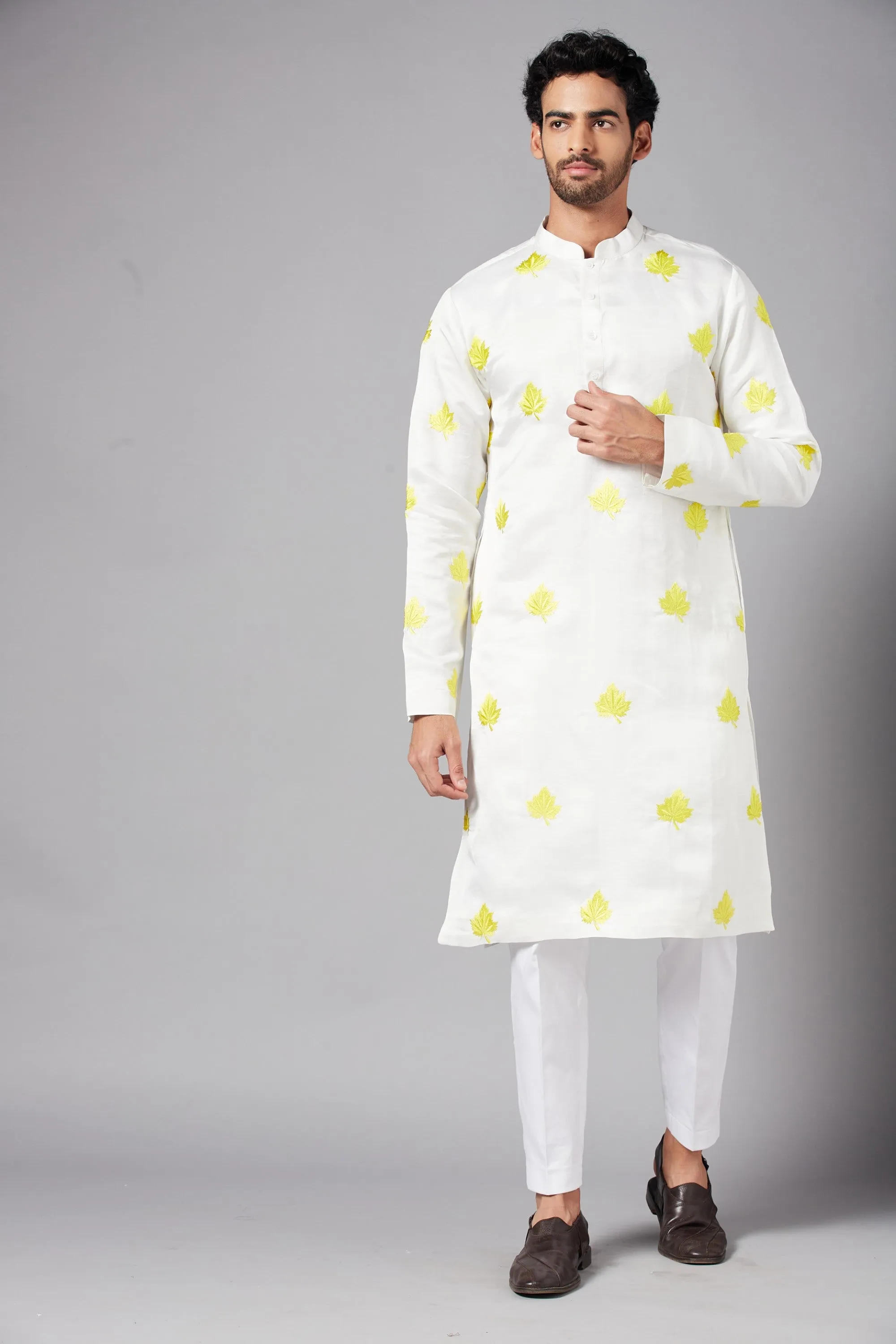 Men's Mogra Yellow Leaf Embroidered Kurta With Crop Pants - Hilo Design