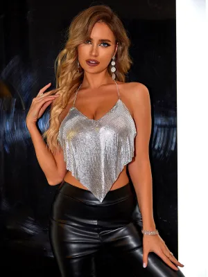 Metallic Silver Backless Halter Neck Crop Top Women's Sexy Open Back Shiny Shirt KESLEY