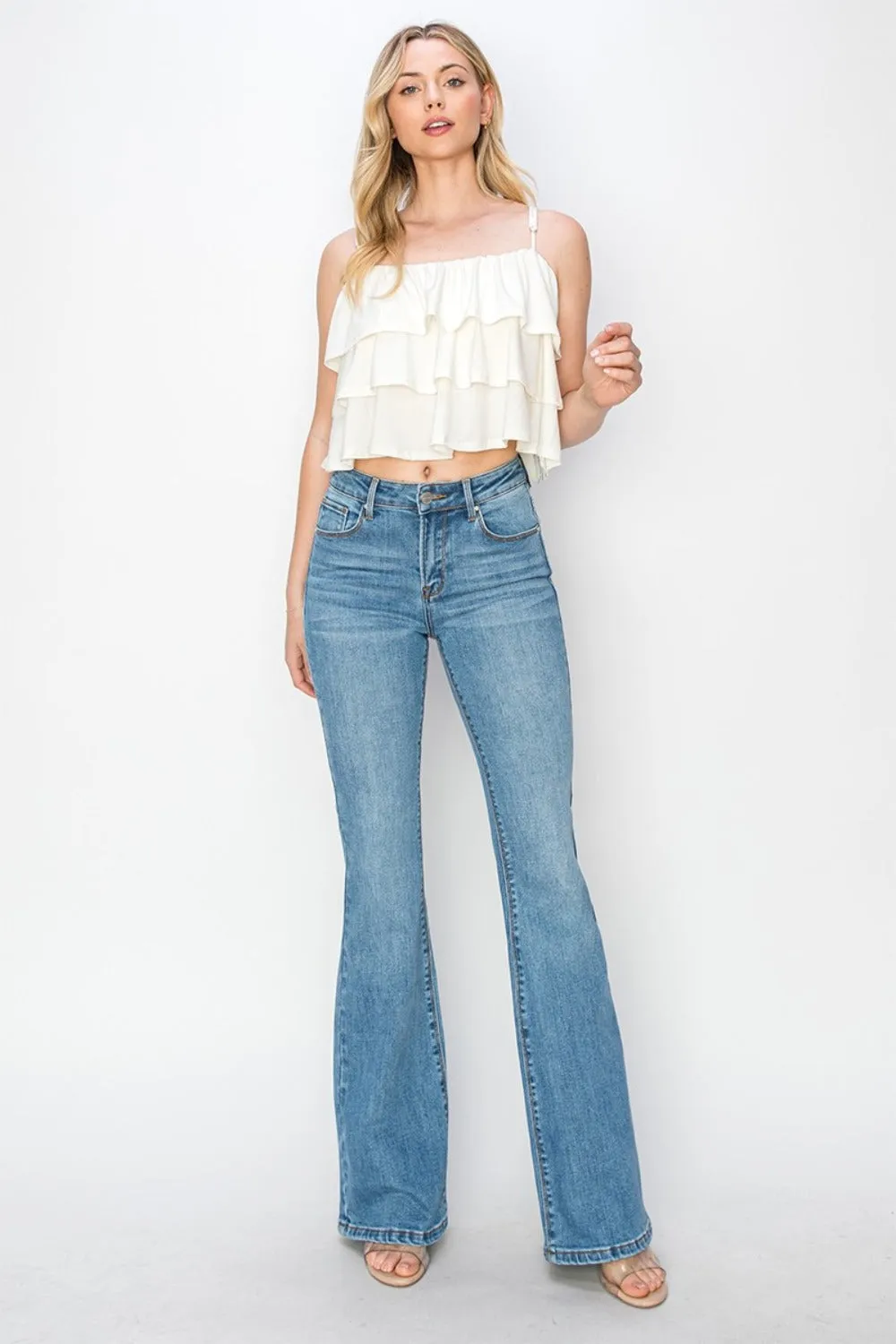 Mid Rise Flare Jeans with Pockets