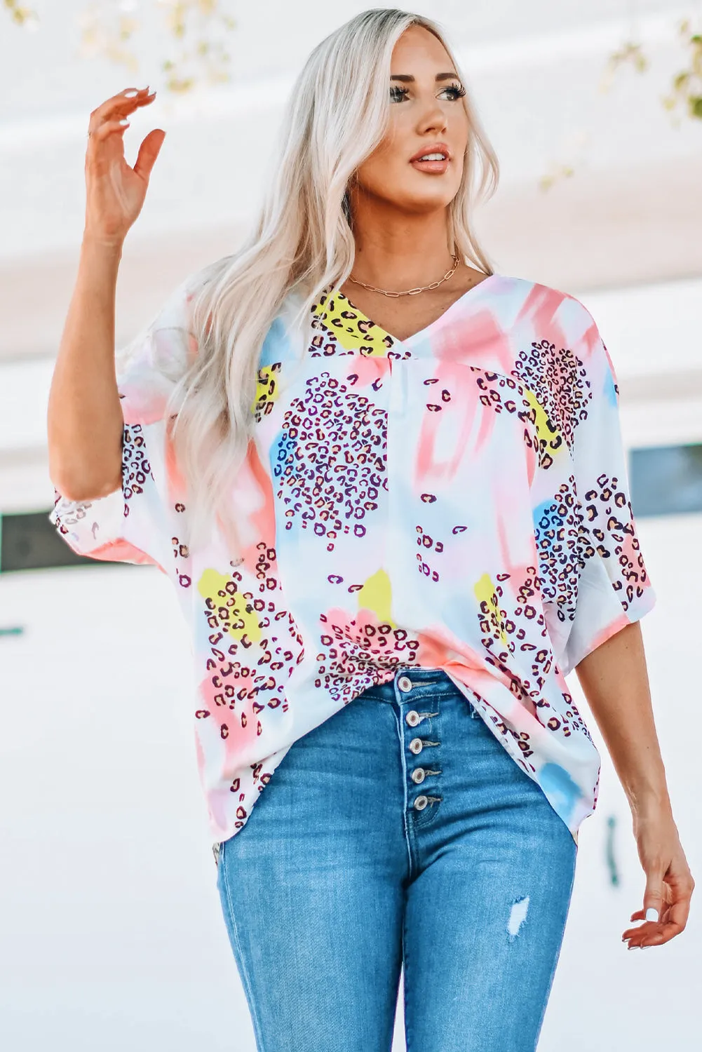 Mixed Print V-Neck Half Sleeve Top