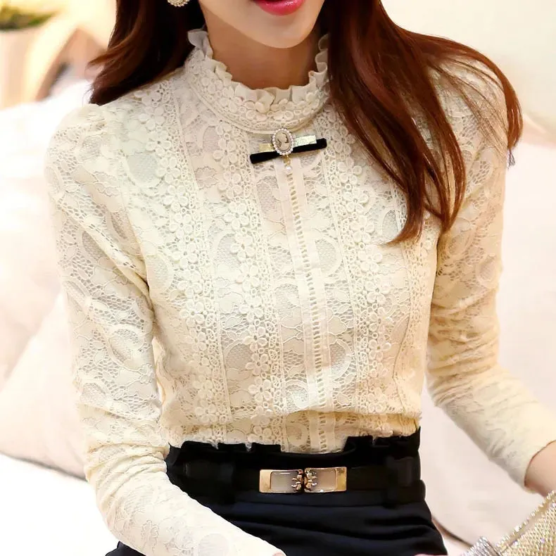 New Fashion Women Tops Autumn Thick Fleece Women Crochet Blouse Lace Shirt Women Clothing Blusas Femininas Blouses & Shirts