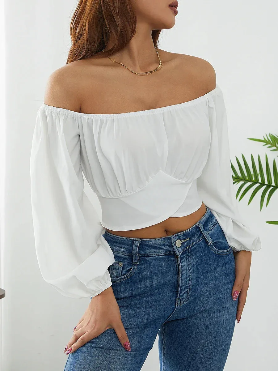 Off Shoulder Long Sleeve Crop Solid Color Tie Knot Back Ruched Casual Shirts Blouse Sexy T-shirt