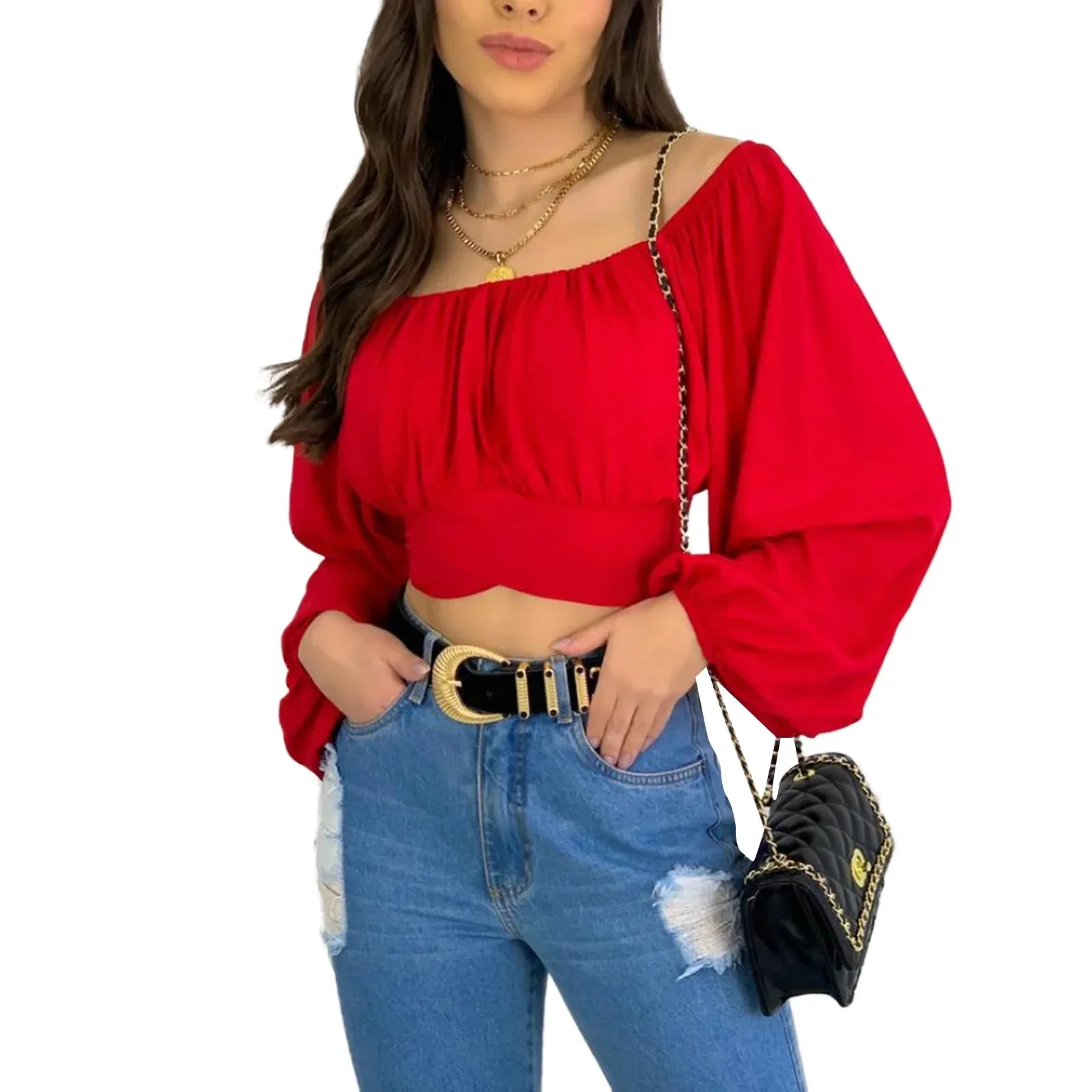 Off Shoulder Long Sleeve Crop Solid Color Tie Knot Back Ruched Casual Shirts Blouse Sexy T-shirt