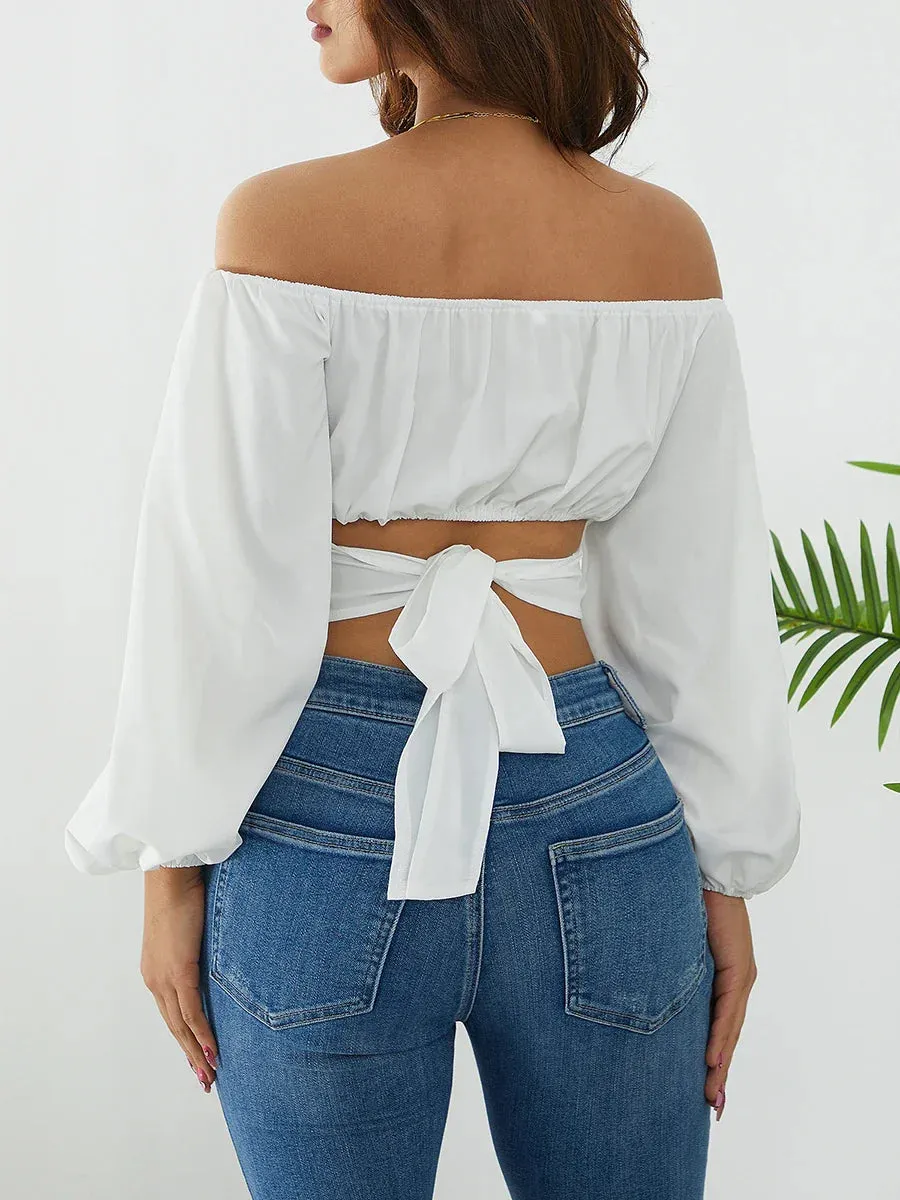 Off Shoulder Long Sleeve Crop Solid Color Tie Knot Back Ruched Casual Shirts Blouse Sexy T-shirt