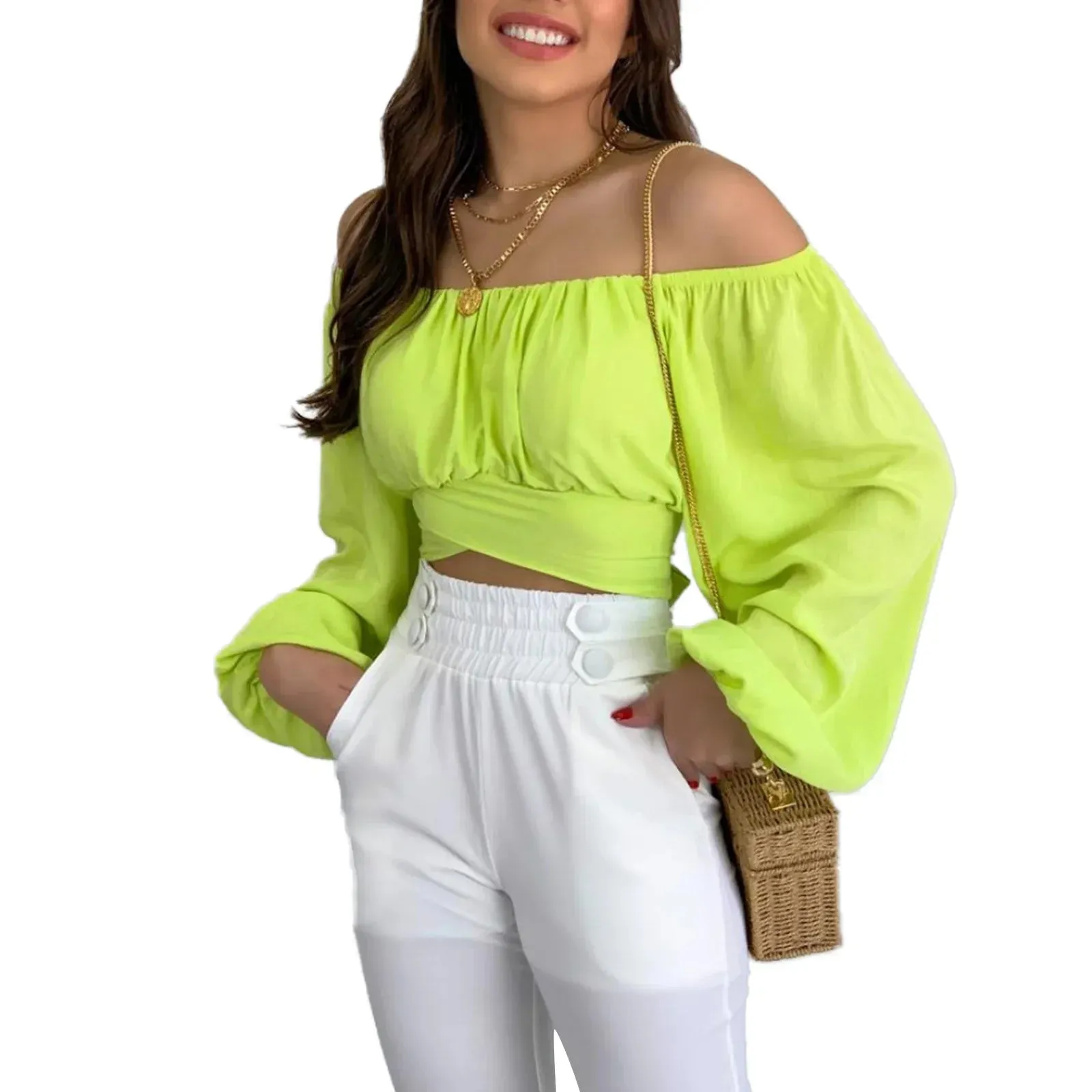 Off Shoulder Long Sleeve Crop Solid Color Tie Knot Back Ruched Casual Shirts Blouse Sexy T-shirt