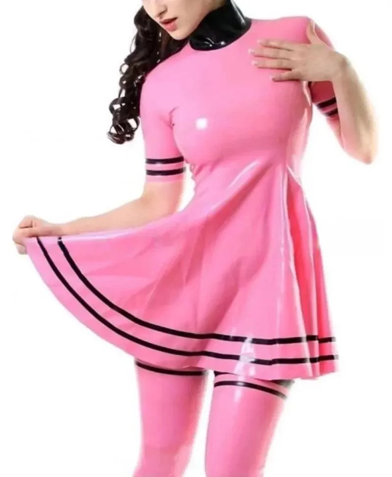 Pink Latex Dress with Stockings Back Zip And Black Trim