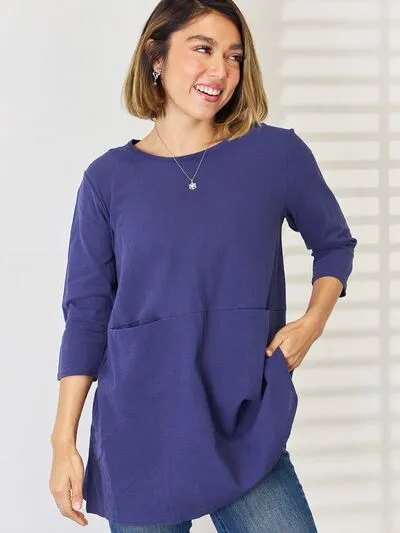 Pocketed Round Neck Half Sleeve Blouse