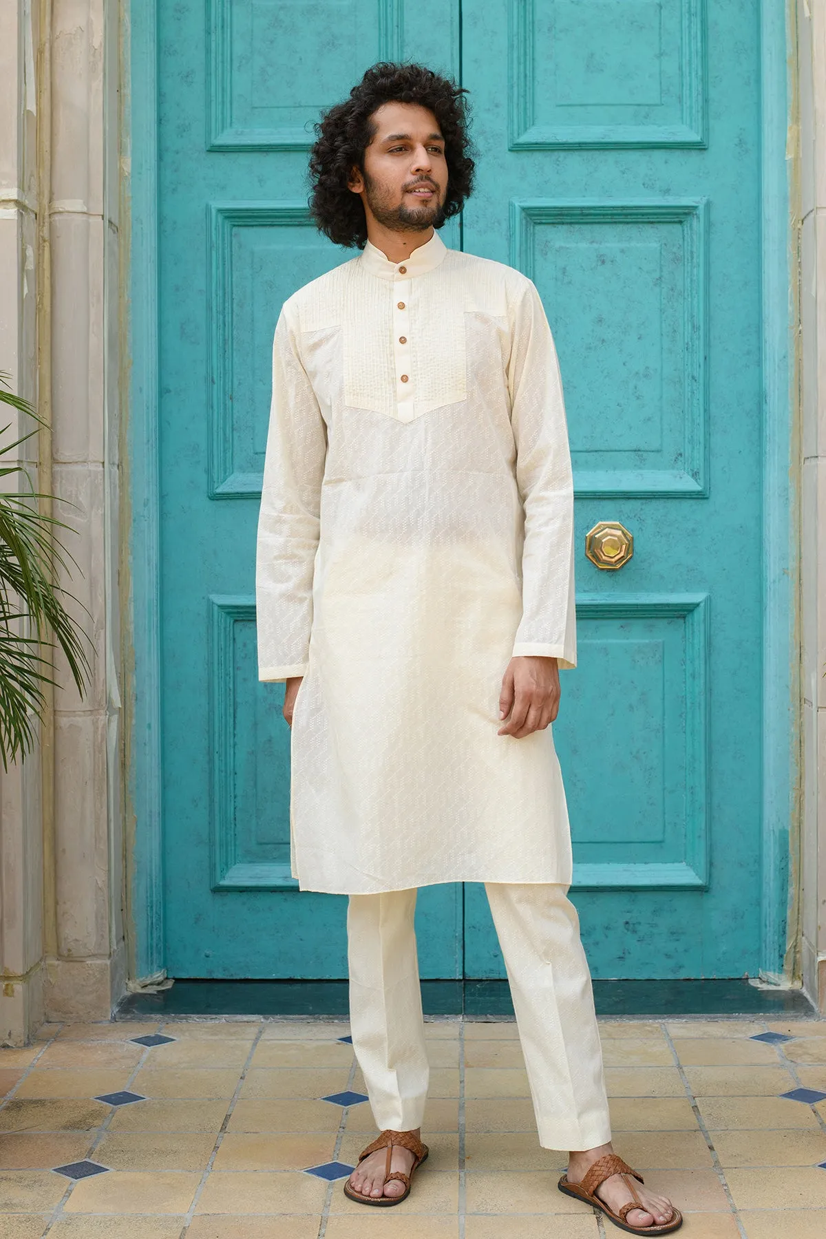 SADAF -  Embroidered  Green Nehru Jacket Paired with Cream Kurta & Trouser set