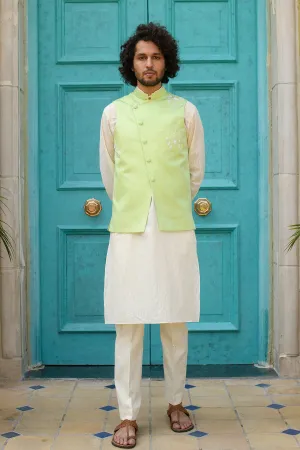 SADAF -  Embroidered  Green Nehru Jacket Paired with Cream Kurta & Trouser set