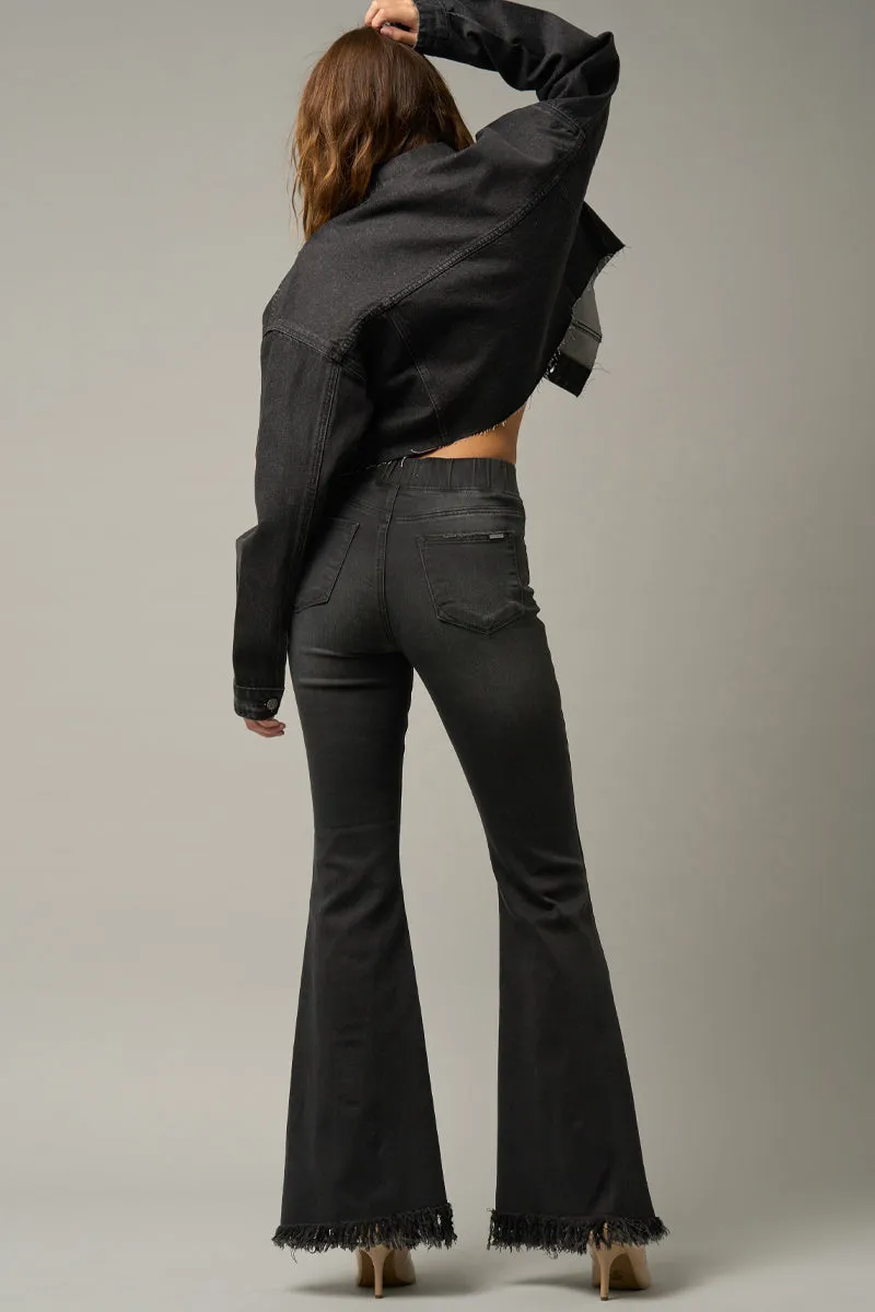 Show Off Wide Elastic Banded Fray Flare Jeans