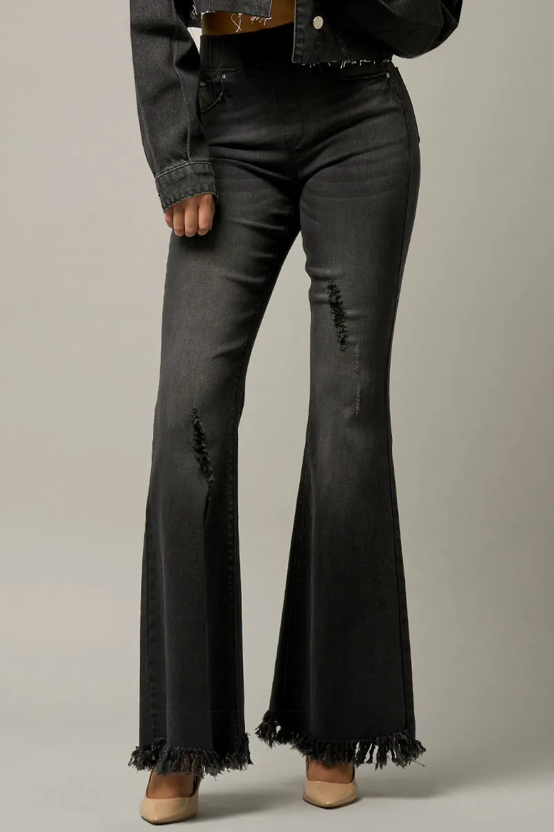 Show Off Wide Elastic Banded Fray Flare Jeans