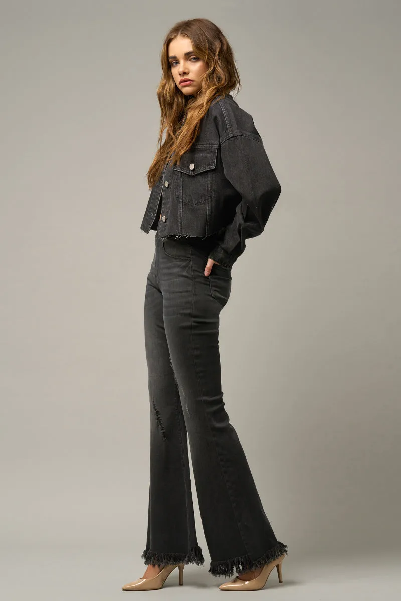 Show Off Wide Elastic Banded Fray Flare Jeans