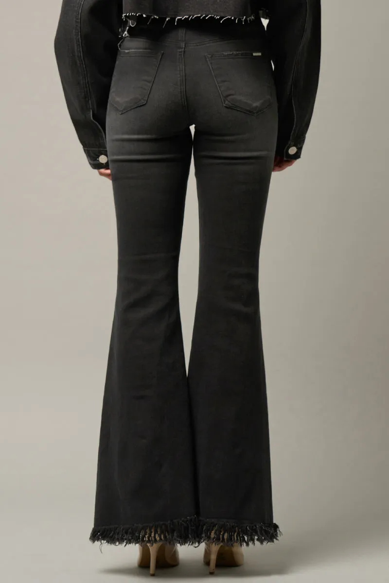 Show Off Wide Elastic Banded Fray Flare Jeans