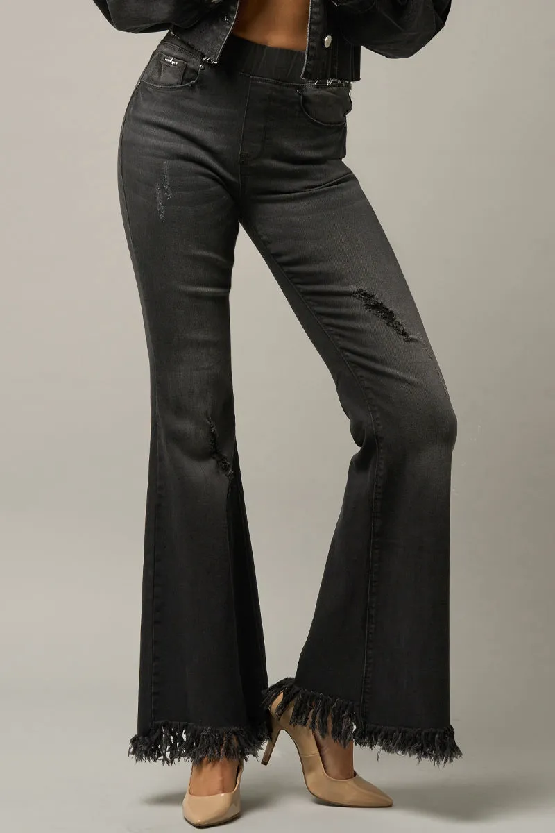 Show Off Wide Elastic Banded Fray Flare Jeans