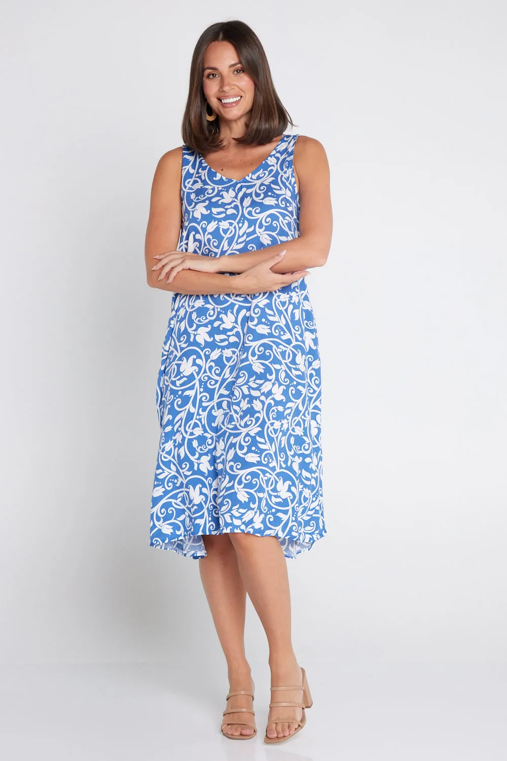 Sienna Sleeveless Petite Dress - Blue Floral Flourish