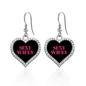 Silver SEXY WIFEY Open Heart Charm Dangle Earrings