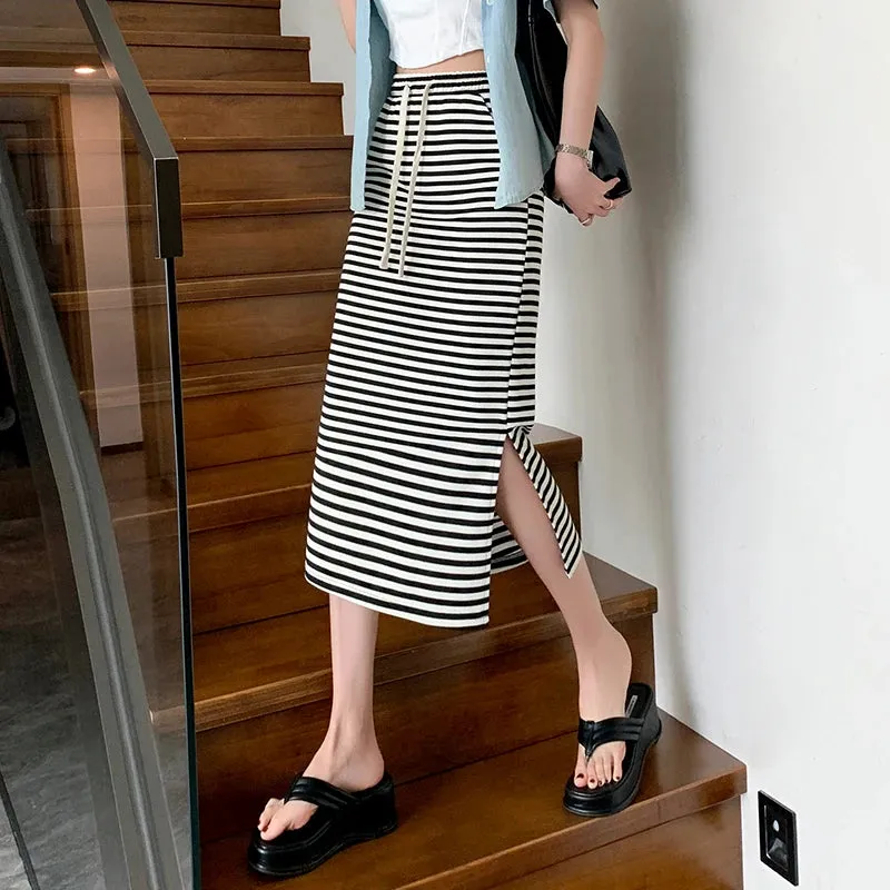 Striped Drawstring Split Female Midi Skirts Chic High Waist Bright Silk Casual Office Ladies Summer Simple Elegant Skirts