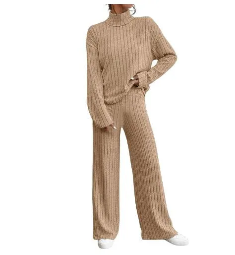 Stylish Women's Winter Knitted Turtleneck Sweater and Loose Trousers Two-piece Set