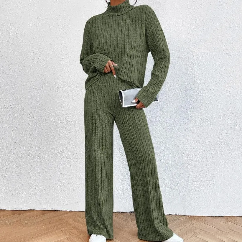 Stylish Women's Winter Knitted Turtleneck Sweater and Loose Trousers Two-piece Set