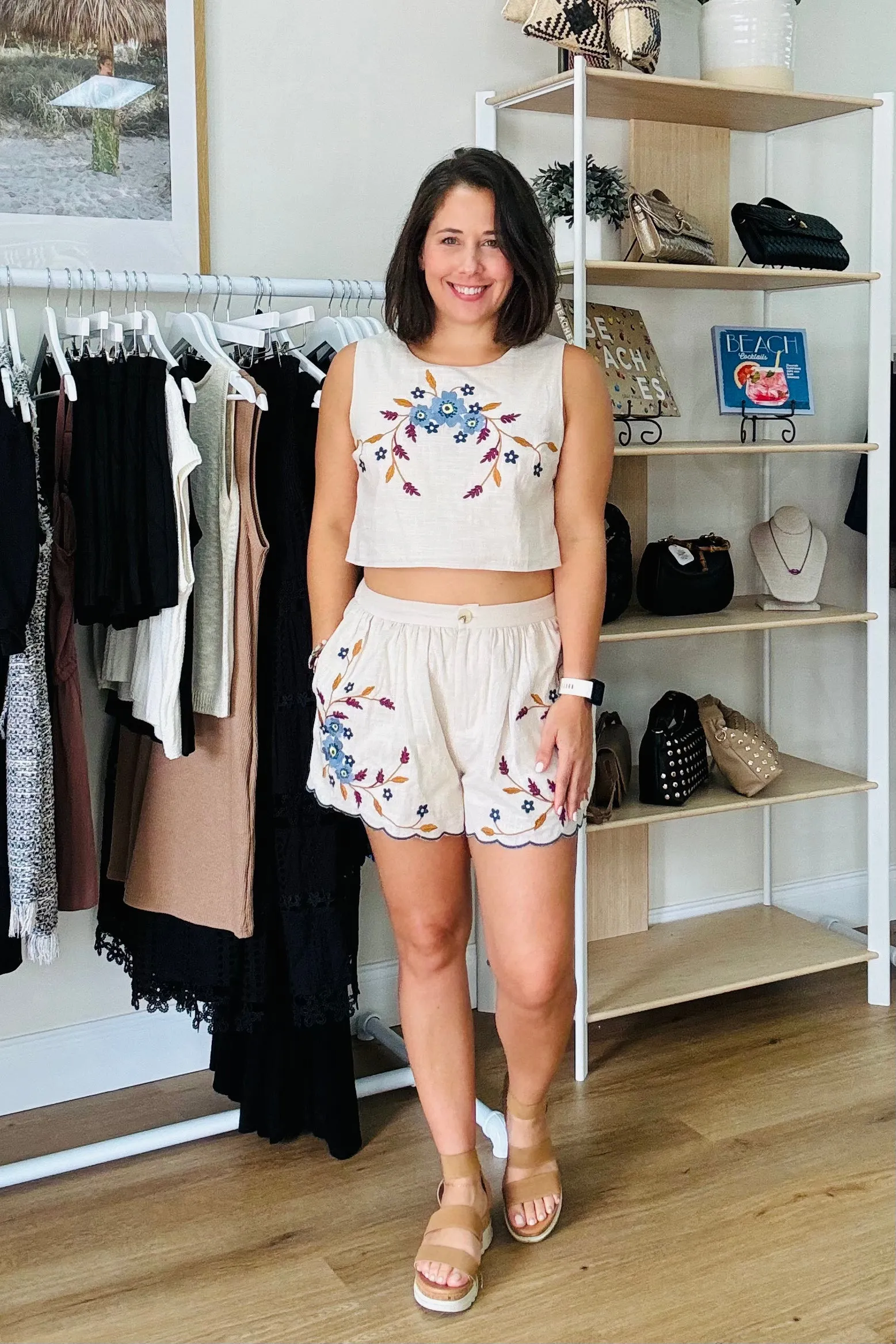 Taupe Embroidered Shorts & Tank Set