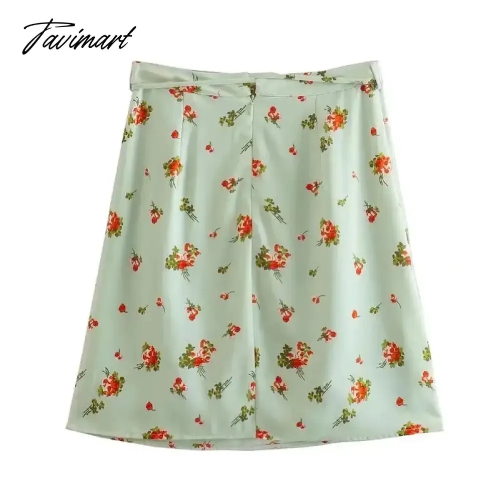 Tavimart French Style Fashion Indie Folk Floral Print Skirts Elegant Belt A-line Skirts Women