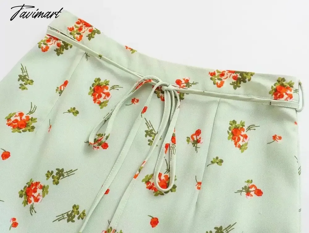 Tavimart French Style Fashion Indie Folk Floral Print Skirts Elegant Belt A-line Skirts Women