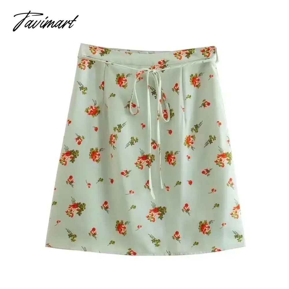 Tavimart French Style Fashion Indie Folk Floral Print Skirts Elegant Belt A-line Skirts Women