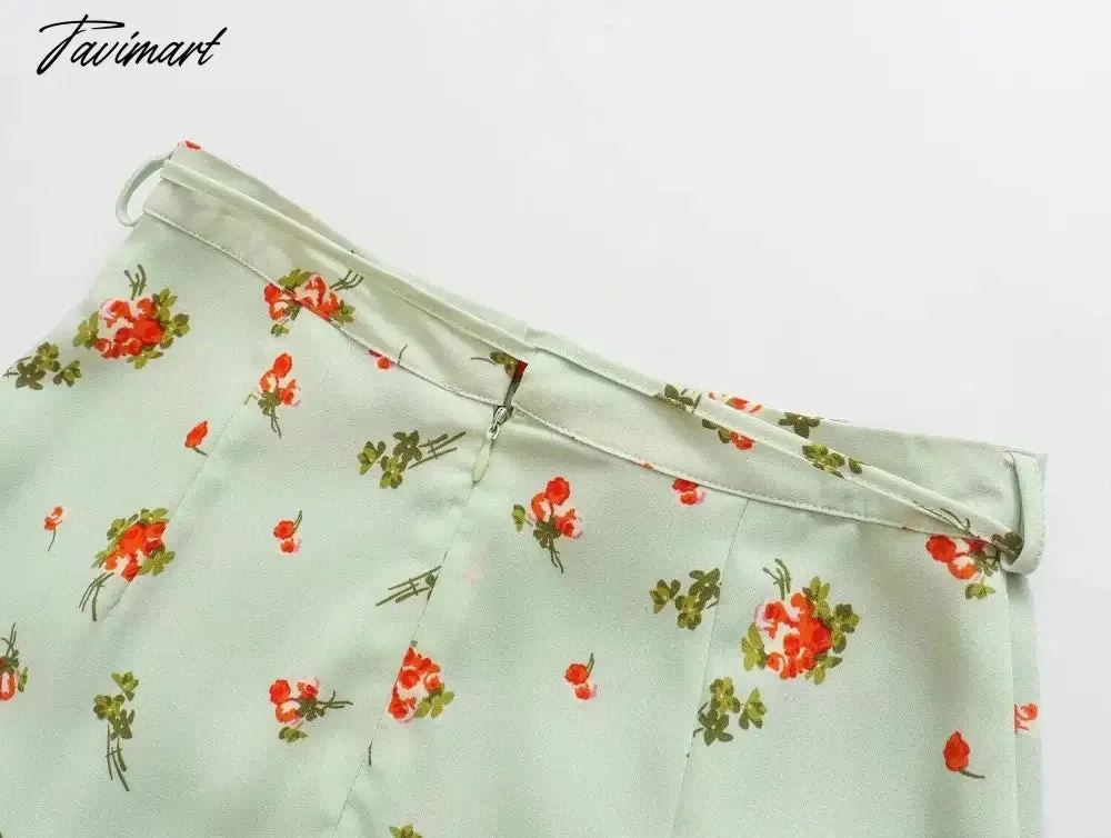 Tavimart French Style Fashion Indie Folk Floral Print Skirts Elegant Belt A-line Skirts Women