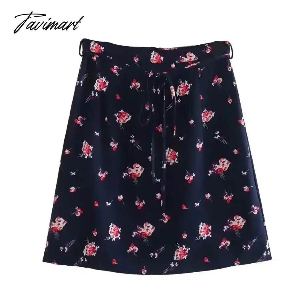 Tavimart French Style Fashion Indie Folk Floral Print Skirts Elegant Belt A-line Skirts Women