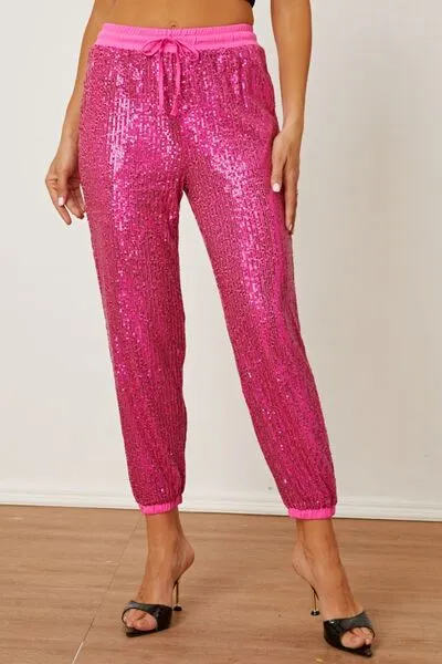 TEEK - Hot Pink Sequin Drawstring Pants with Pockets