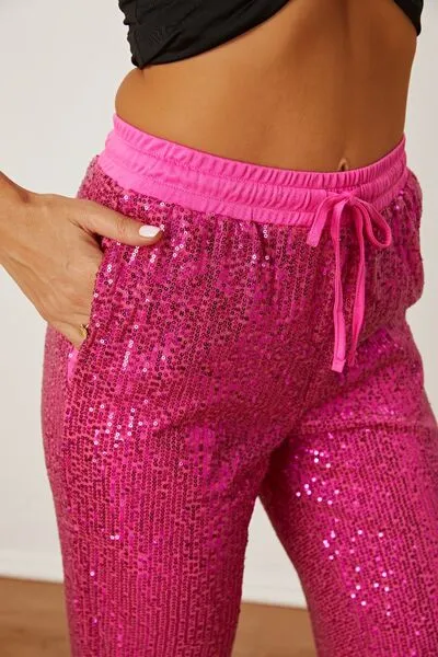 TEEK - Hot Pink Sequin Drawstring Pants with Pockets