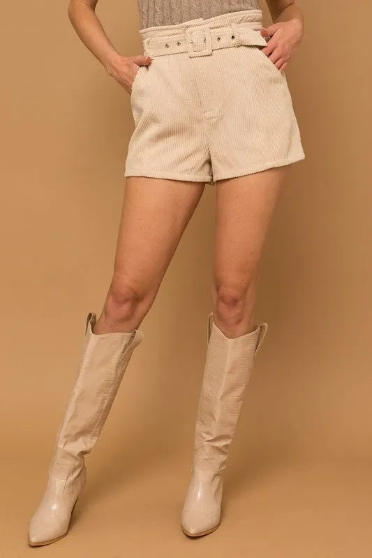 Trendy Inspo Cream Corduroy Belted Shorts