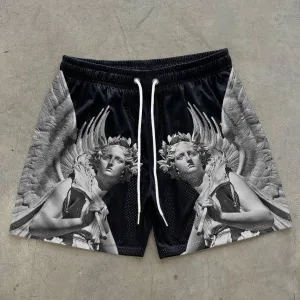 Trendy Vintage Angel Print Shorts