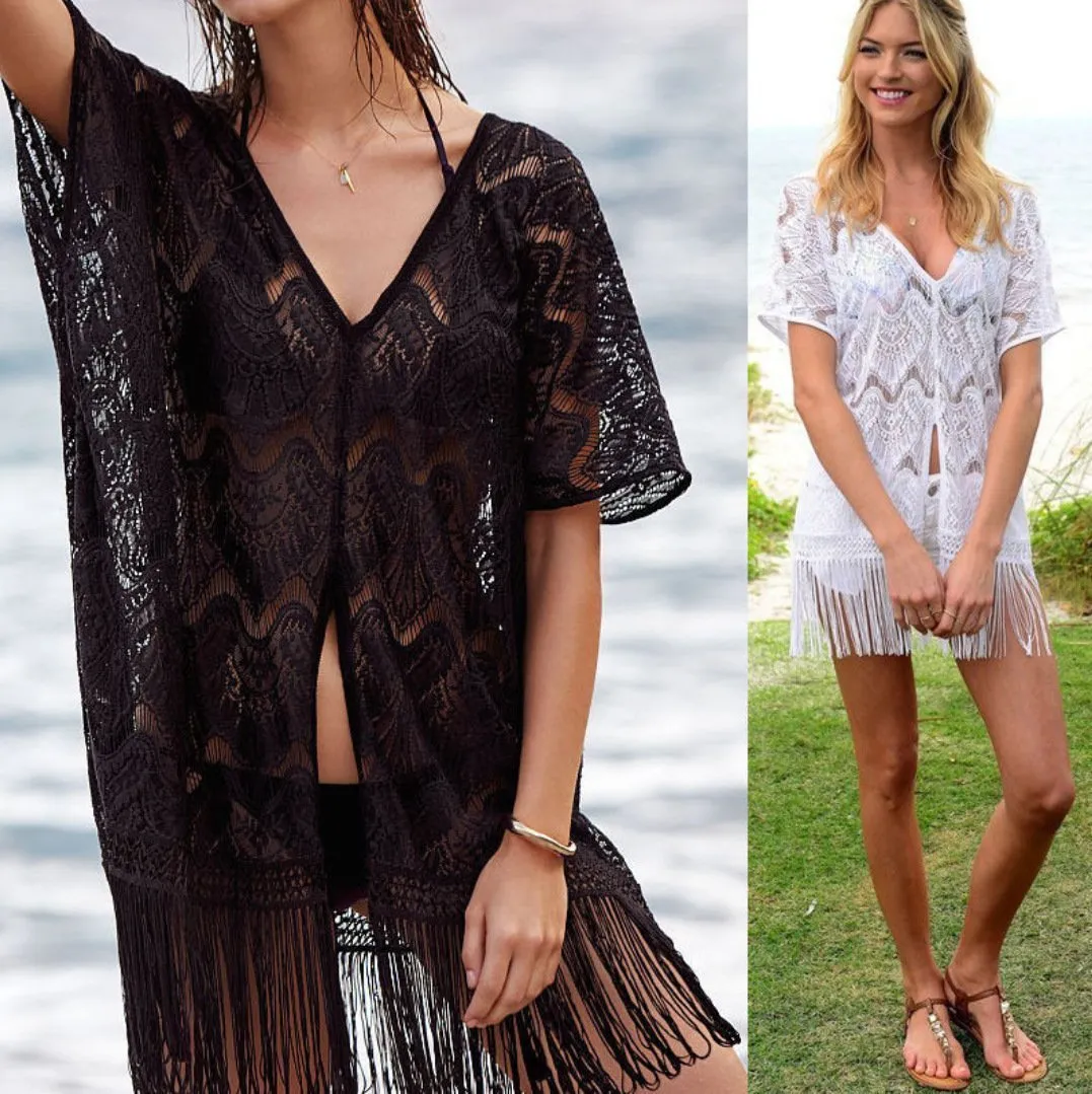 V Neck Lace Splice Tassel Swimwear Beach Tops Bikini Cover Up