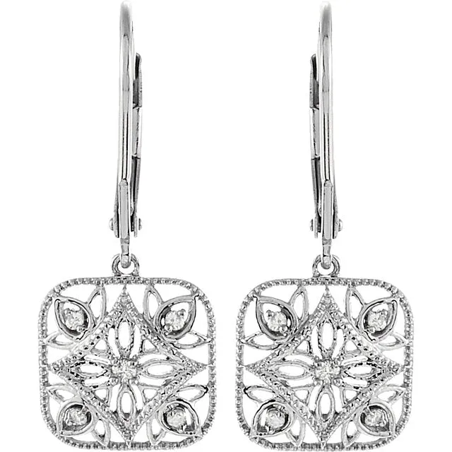 Vintage Inspried Sterling Silver 1/10 Diamond Accented Lever Back Earrings