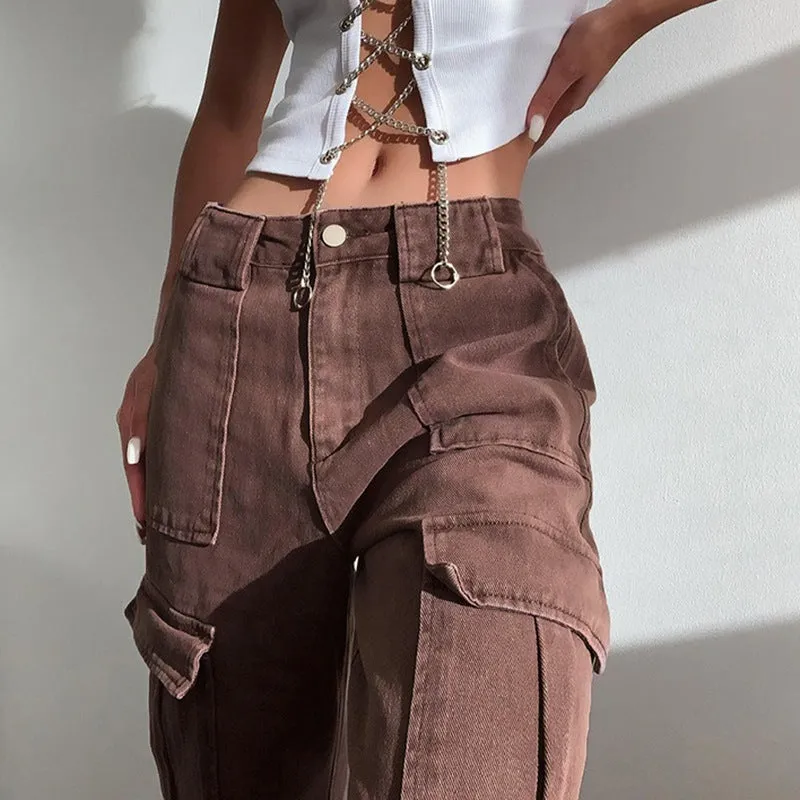 Wenkouban Brown baggy cargo jeans with a vintage wash