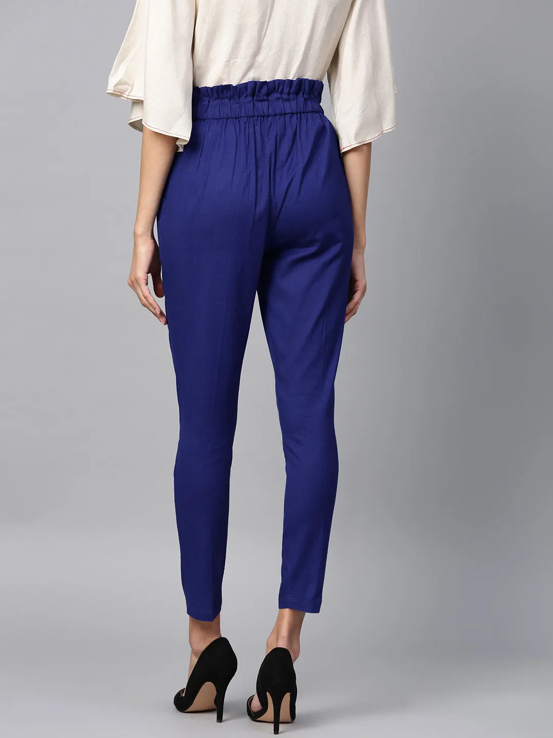 Women Blue Solid High-Rise Regular Cropped Trousers