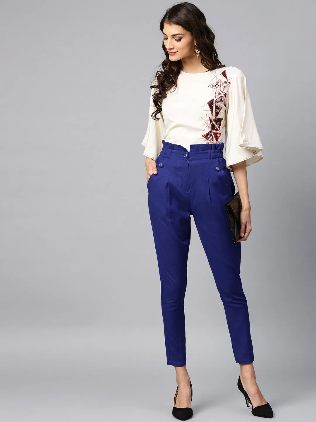 Women Blue Solid High-Rise Regular Cropped Trousers