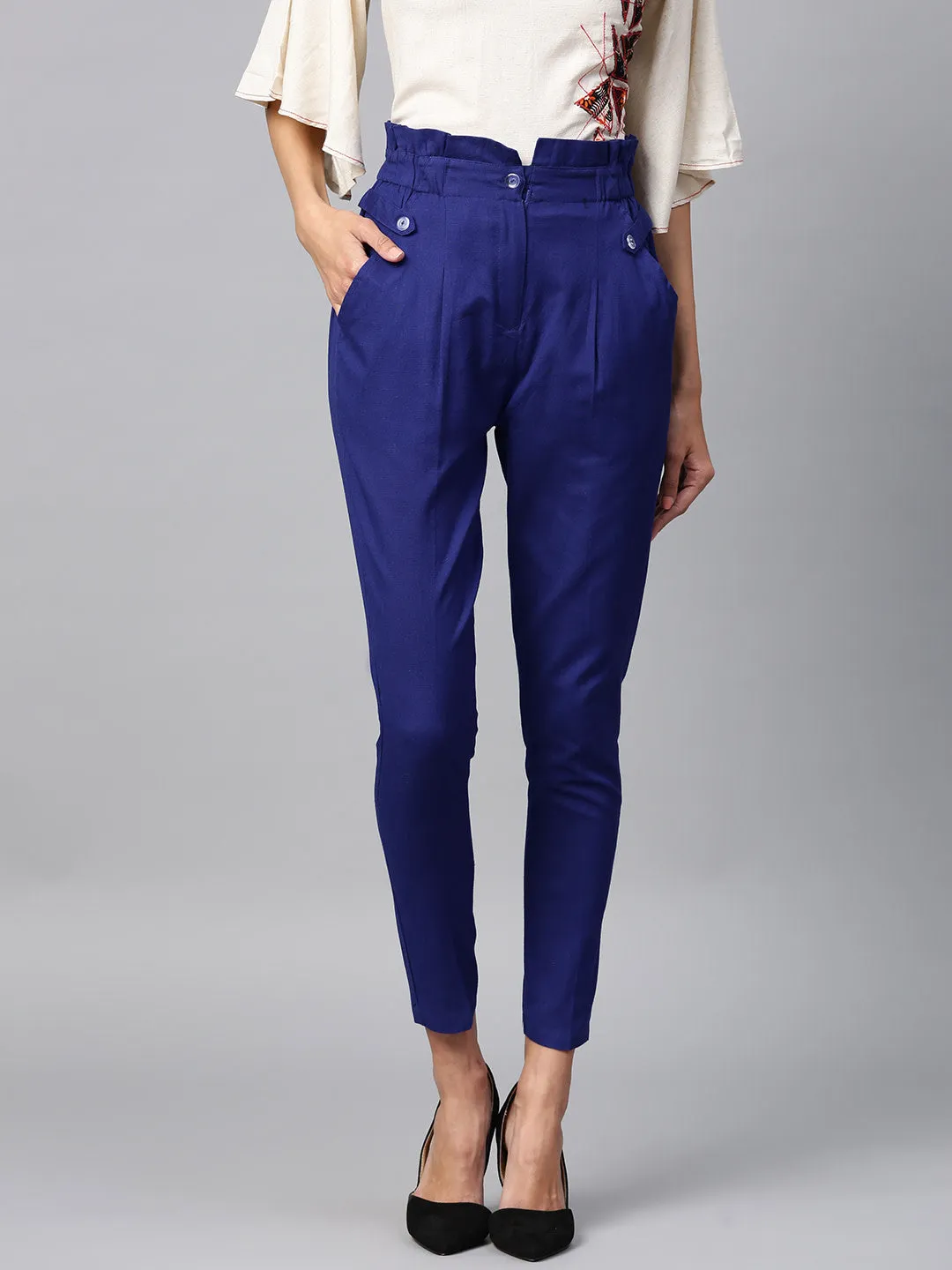 Women Blue Solid High-Rise Regular Cropped Trousers