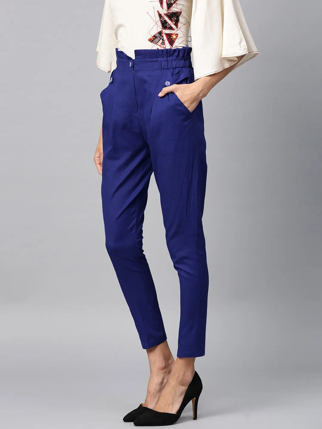 Women Blue Solid High-Rise Regular Cropped Trousers