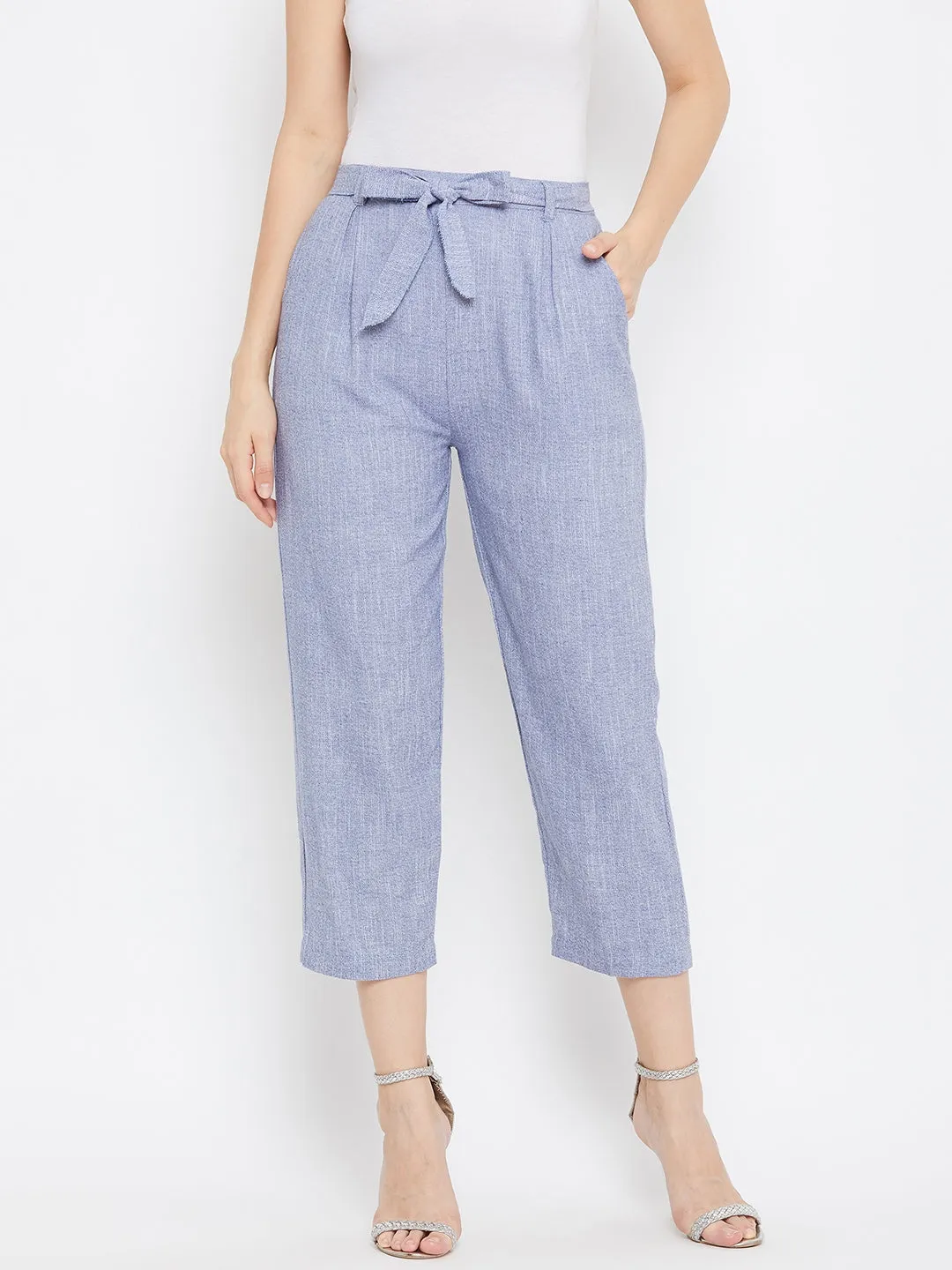 Women Light Blue Cotton Trouser