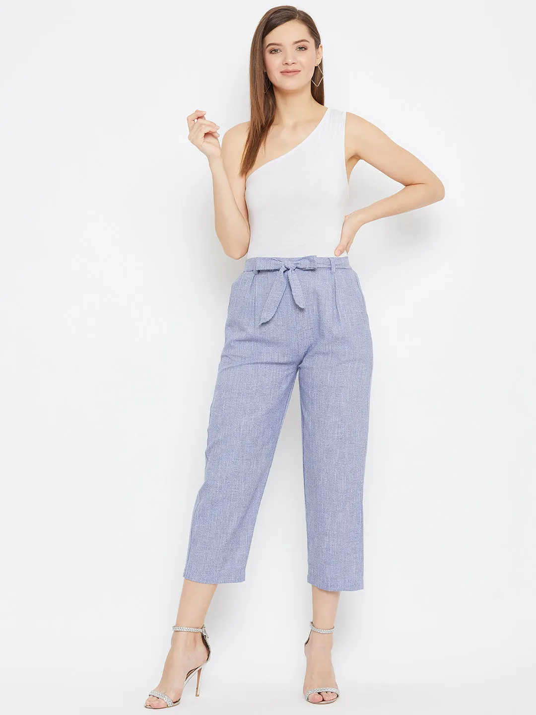 Women Light Blue Cotton Trouser