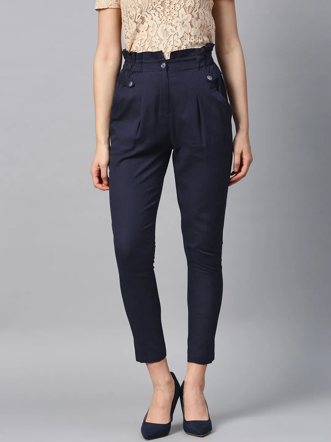 Women Navy Blue Solid High-Rise Regular Cropped Trousers