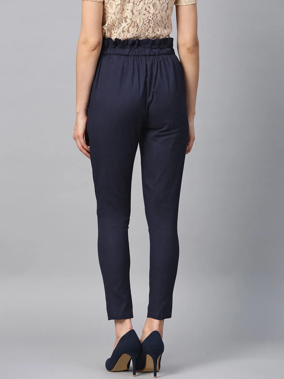 Women Navy Blue Solid High-Rise Regular Cropped Trousers