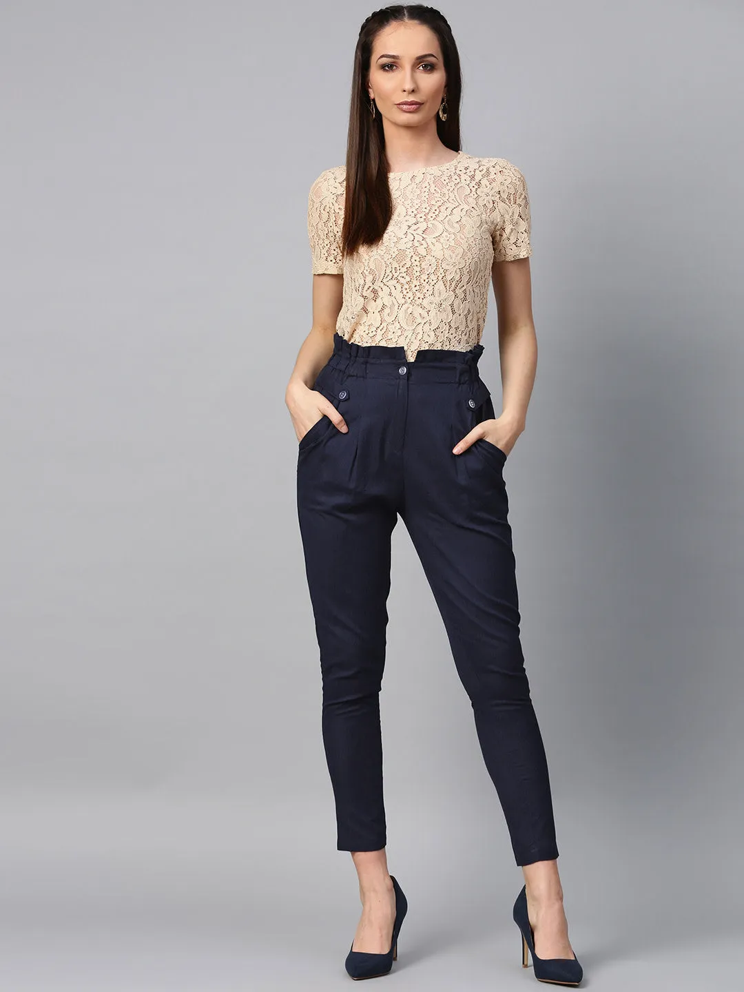 Women Navy Blue Solid High-Rise Regular Cropped Trousers